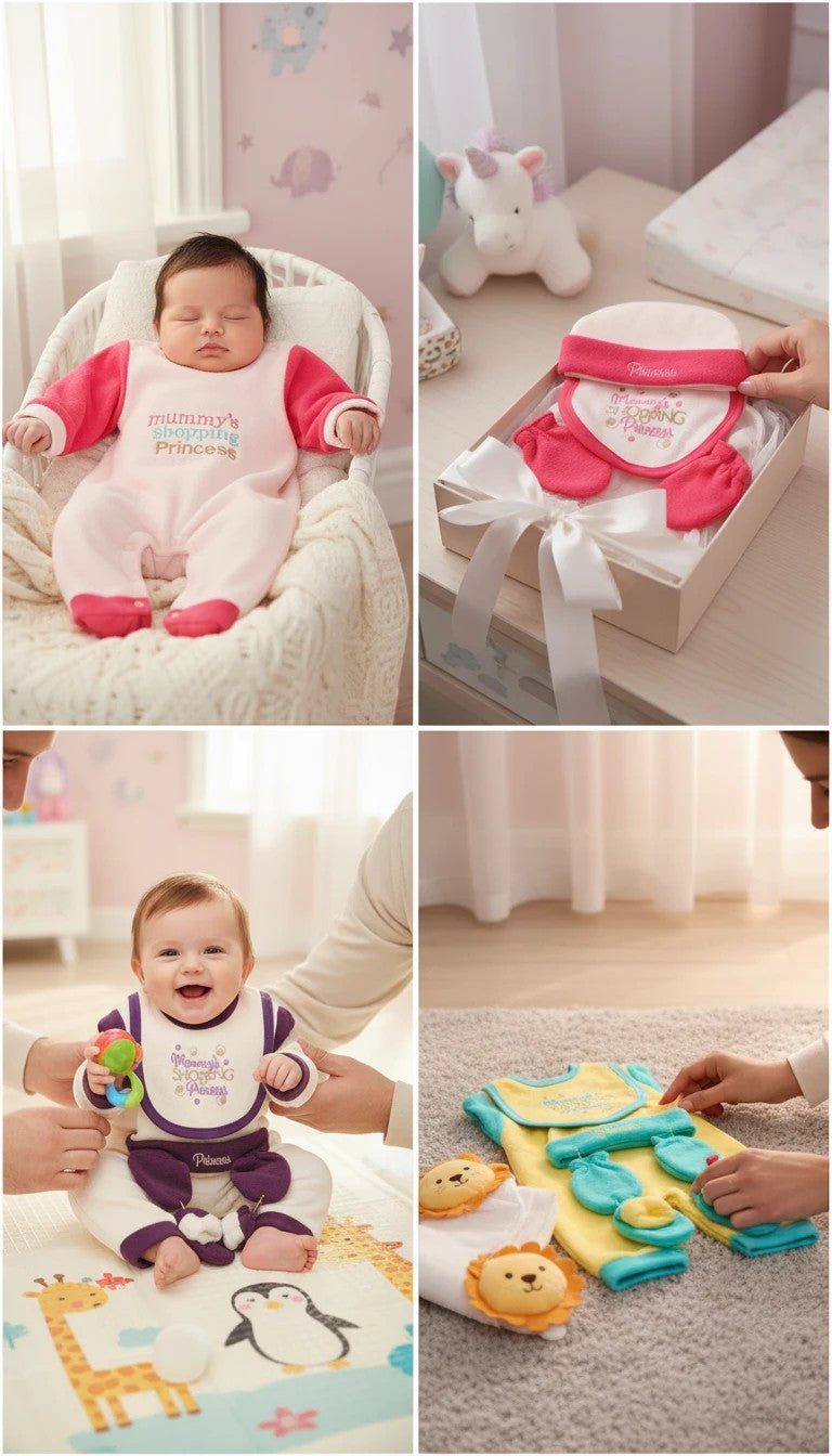 Stork And Baby 5-piece polar fleece grower set for baby girls, featuring a pink and white romper, bib, hat, and mittens with "Mommy's Shopping Princess" embroidery.
