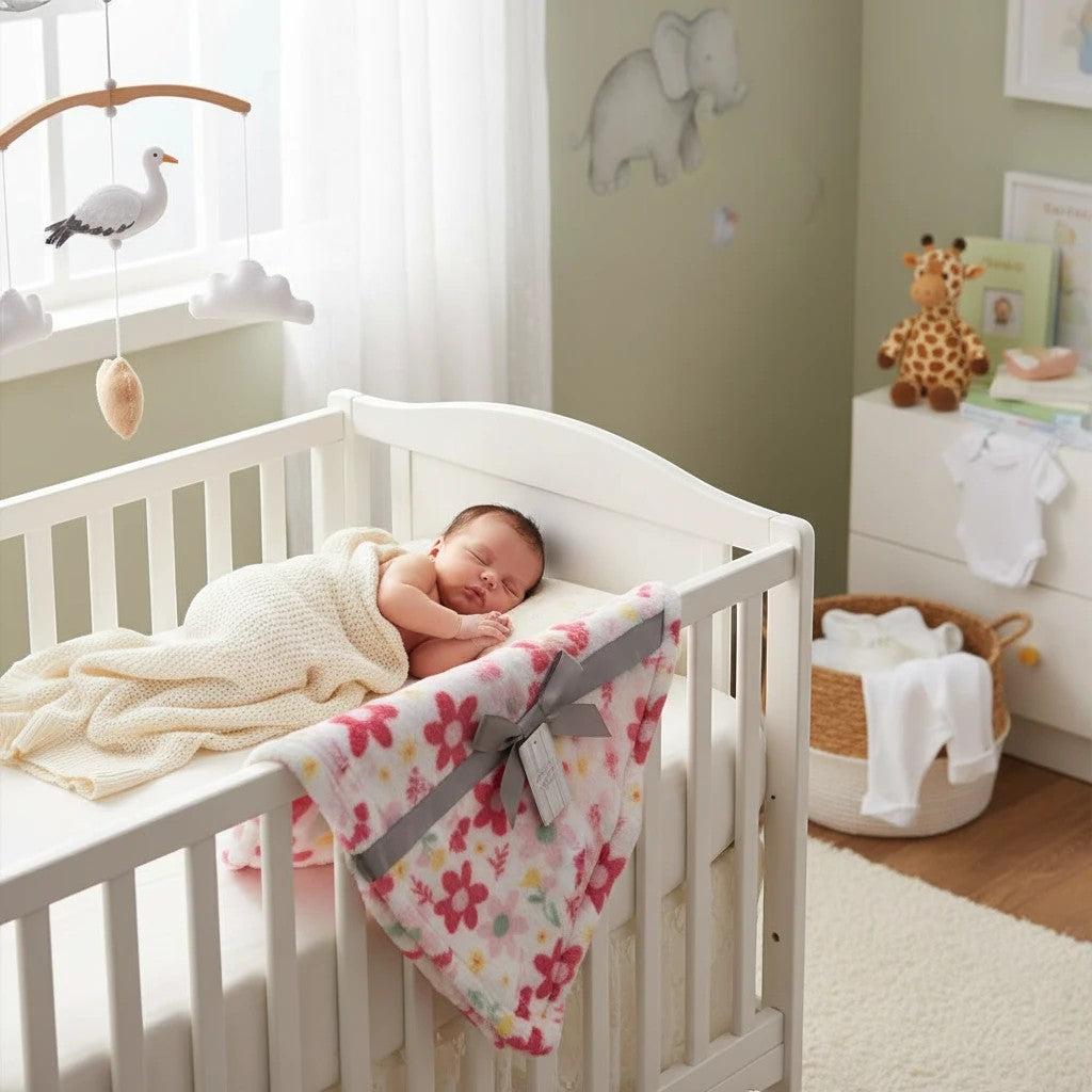 Stork And Baby white 100% polyester receiver blanket with pink floral pattern, grey ribbon, and a sleeping baby.