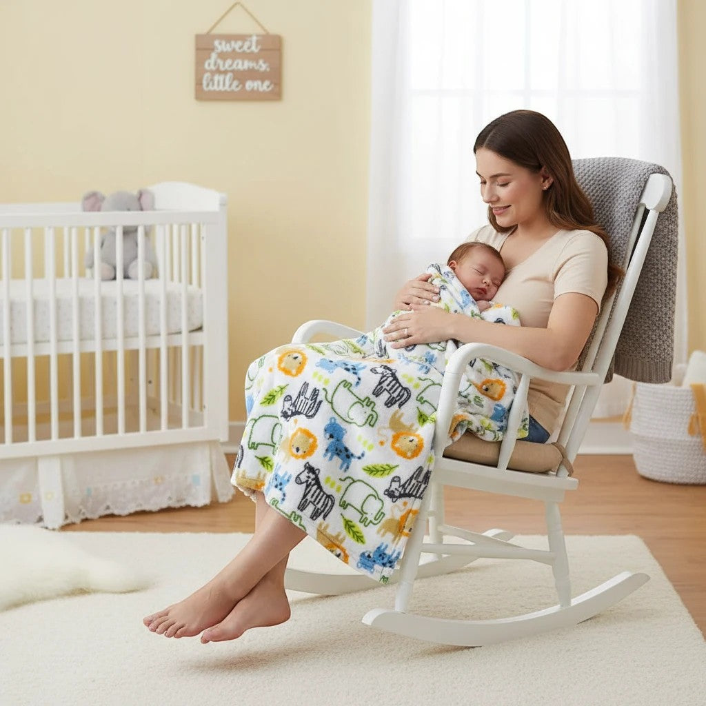 Stork And Baby 100% Polyester receiver blanket with a playful jungle animal print in white, blue, and orange.