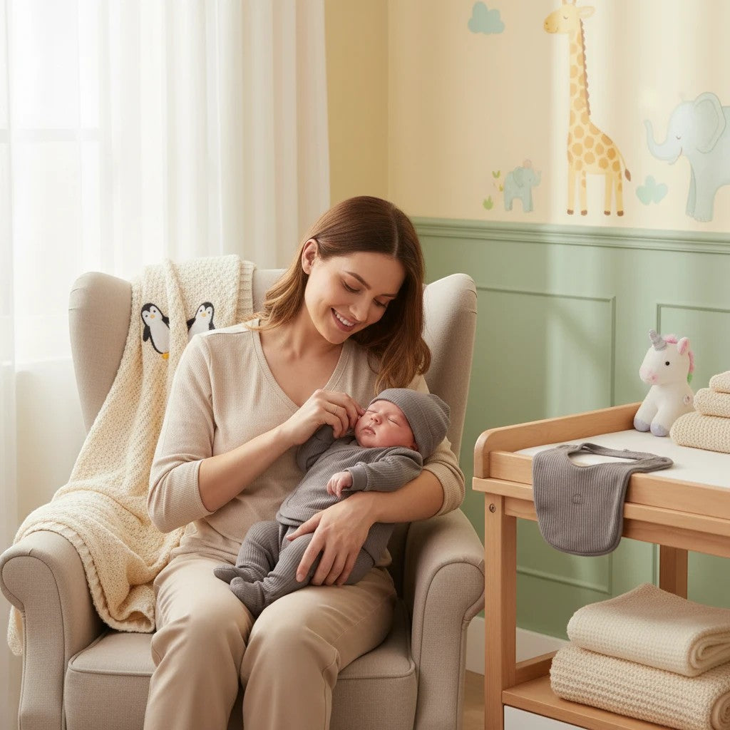 Stork And Baby Stone Preemie 5 Piece Set: A mother holds her newborn baby dressed in a grey ribbed outfit and hat.