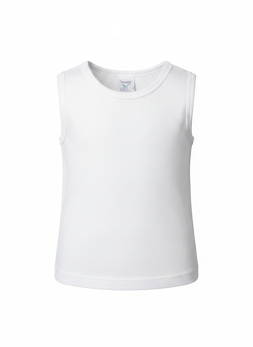 Stork And Baby white sleeveless vest for premature infants, made of soft, breathable cotton for delicate skin.