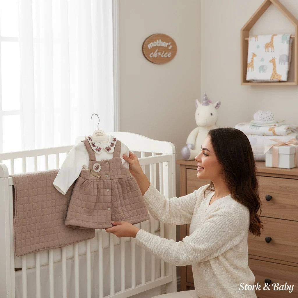 Stork and Baby quilted 2-piece baby dress set in taupe with embroidered collar and button front.