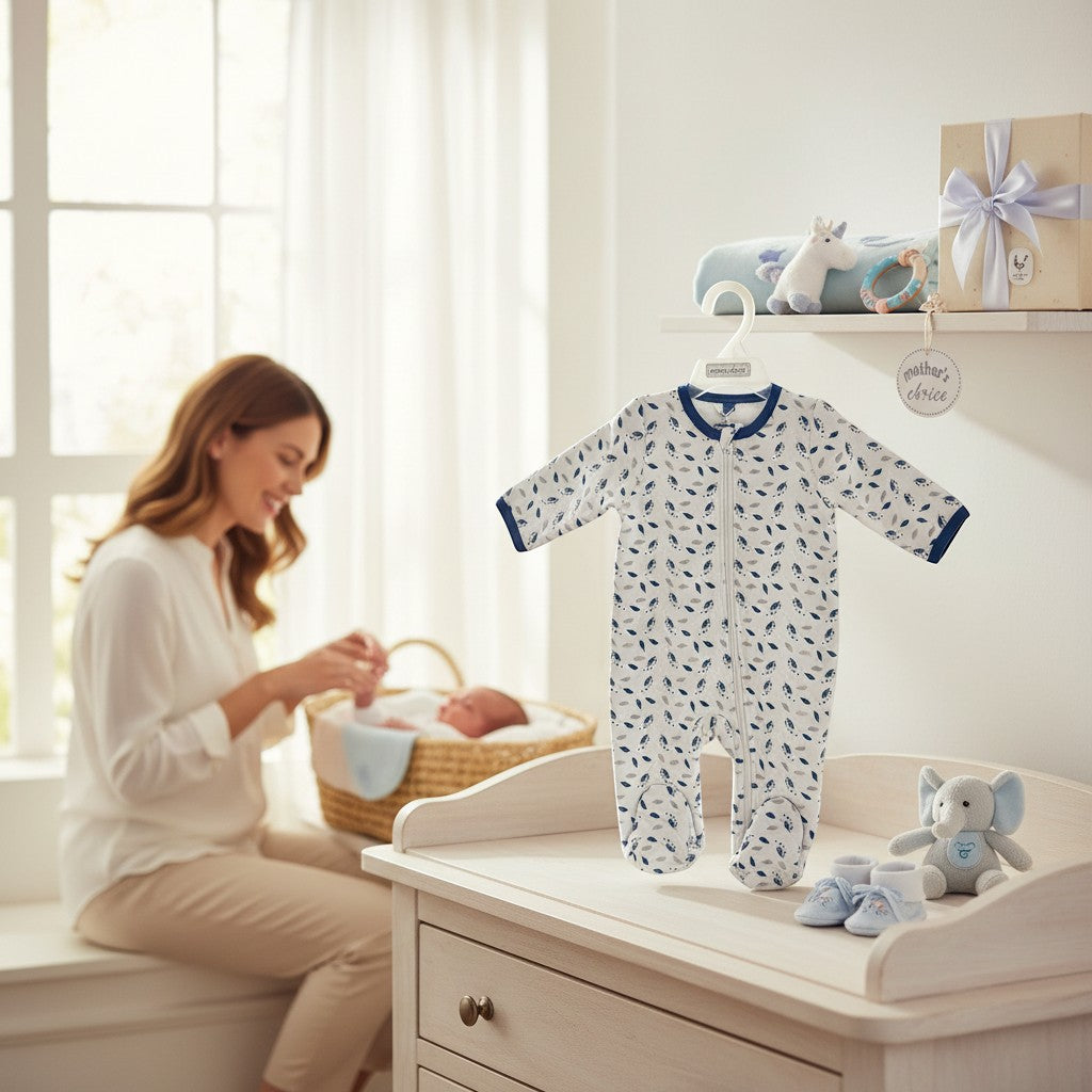 Stork And Baby white quilted grower with blue and grey leaf print, navy trim, and zipper closure.