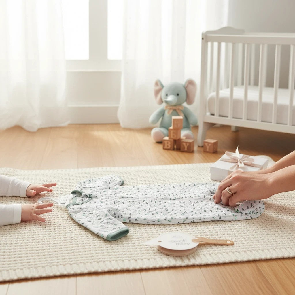 Stork And Baby quilted sage and grey leaf baby grower, 0-3 months, soft cotton, cozy, natural look