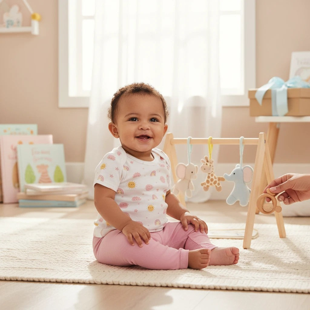 Stork And Baby 8 piece gift set with rainbow, sun, and cloud print bodysuit and pink bottoms for a baby.