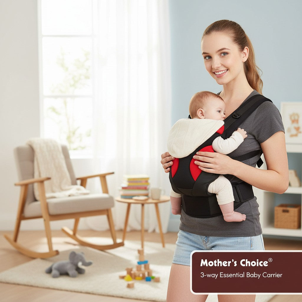 Stork And Baby red 3-way baby carrier with adjustable straps and padded support for baby. Woman wearing carrier in a nursery setting.