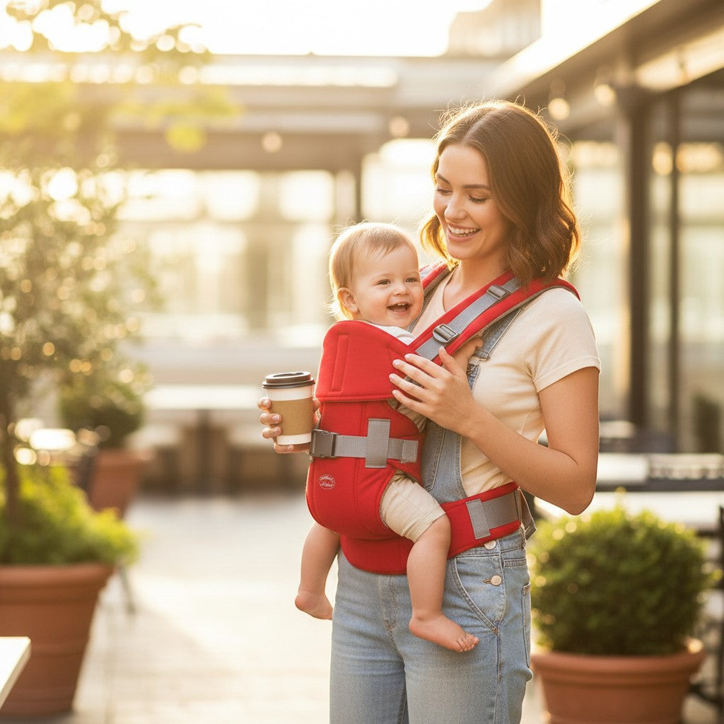 Stork And Baby red 6-way baby carrier with adjustable straps and padded support, worn by a smiling mother holding coffee.