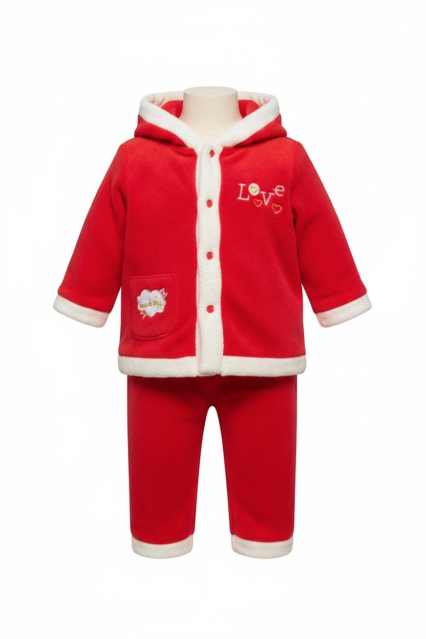 Stork And Baby red coral fleece tracksuit with white trim and "Love" embroidery. Hooded jacket and pants.