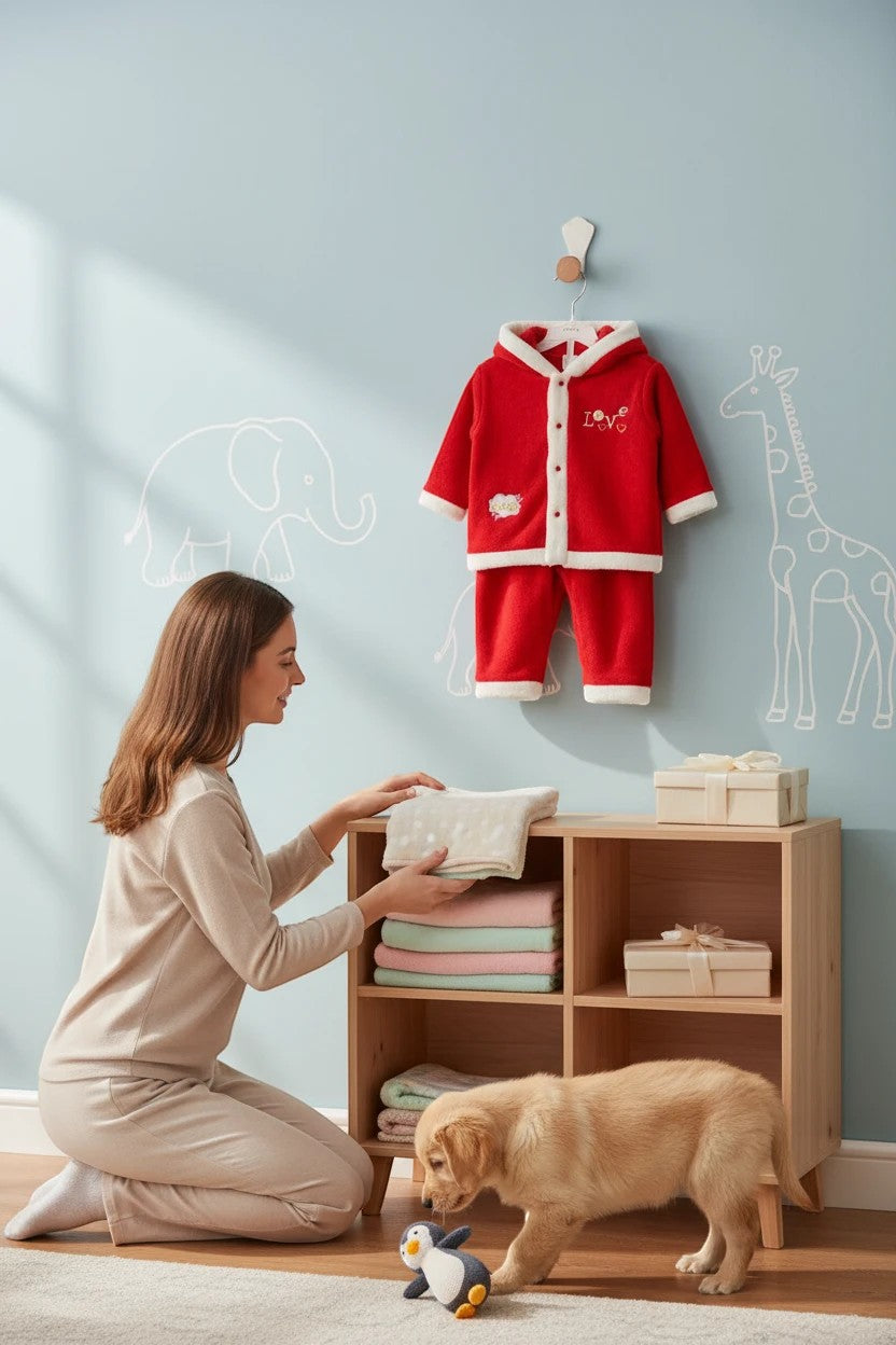 Stork And Baby red coral fleece tracksuit with "Love" detail, white trim, and hood. Cozy baby girl loungewear.