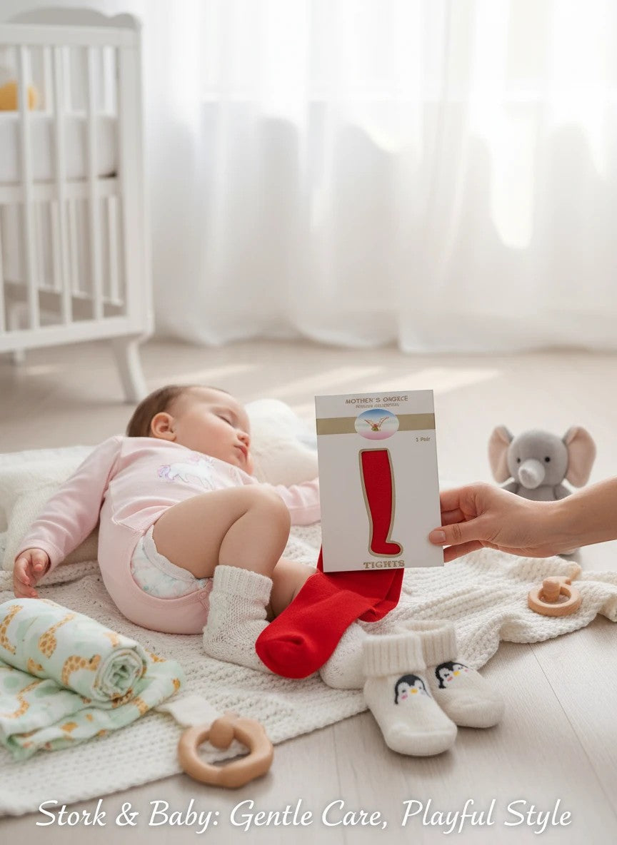 Stork & Baby red tights for infants 0-6 months, soft stretchy fit for all-day wear.