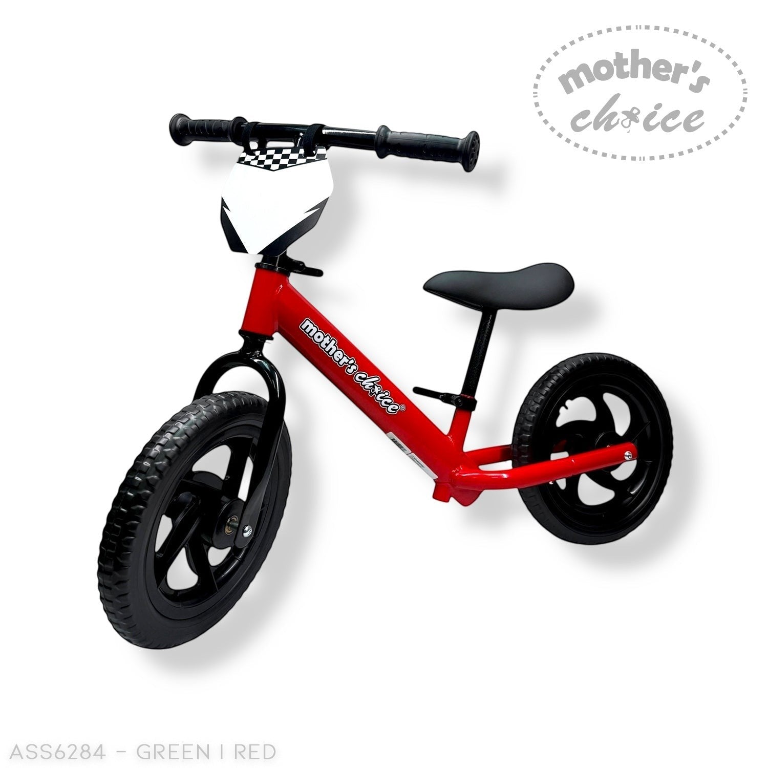 Stork And Baby red toddler balance bike with black wheels and seat, featuring a checkered flag detail on the handlebars.