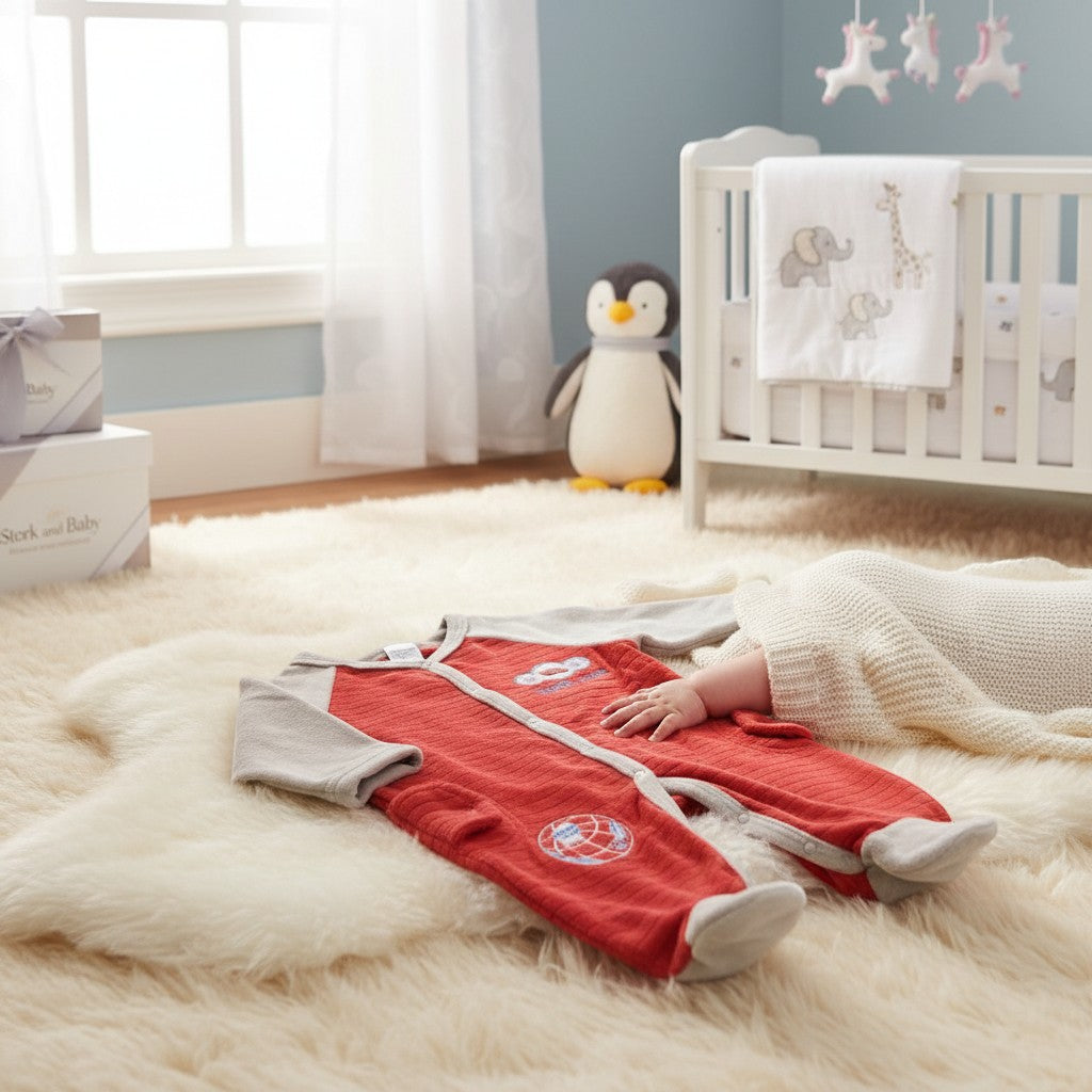 Stork And Baby red and grey velour infants grower with a globe patch and cloud detail. Cozy and soft for baby.