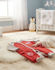 Stork And Baby red and grey velour infants grower with a globe patch and cloud detail. Cozy and soft for baby.