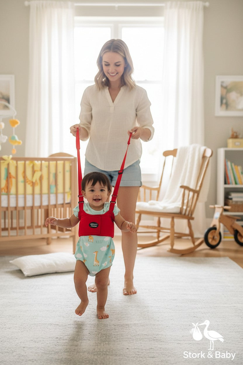 Stork And Baby red baby walking trainer vest with adjustable straps, helping a toddler walk.