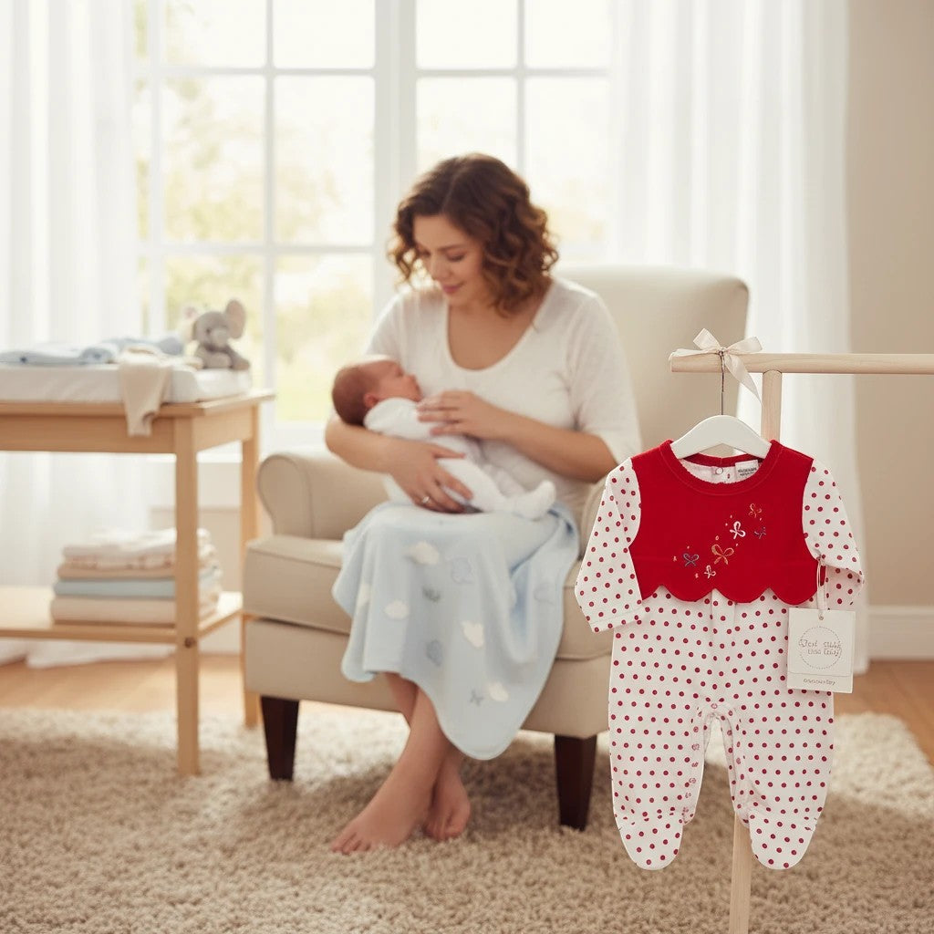 Stork And Baby red and white polka dot velour baby grower with scalloped red bib detail and bow accents.