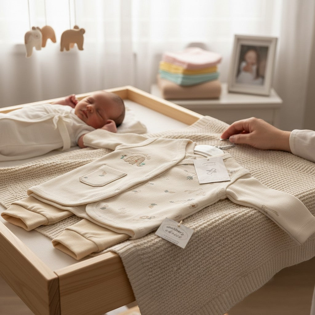 Stork And Baby infant boys 3 piece natural safari set in cream with animal prints. Includes a long-sleeve top, pants, and a vest.