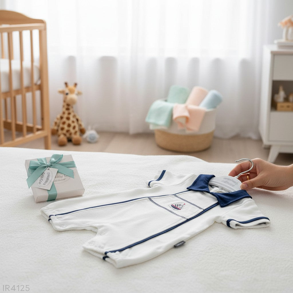 Stork And Baby white short-sleeve baby romper with navy sailor collar and trim, featuring a sailboat embroidery.