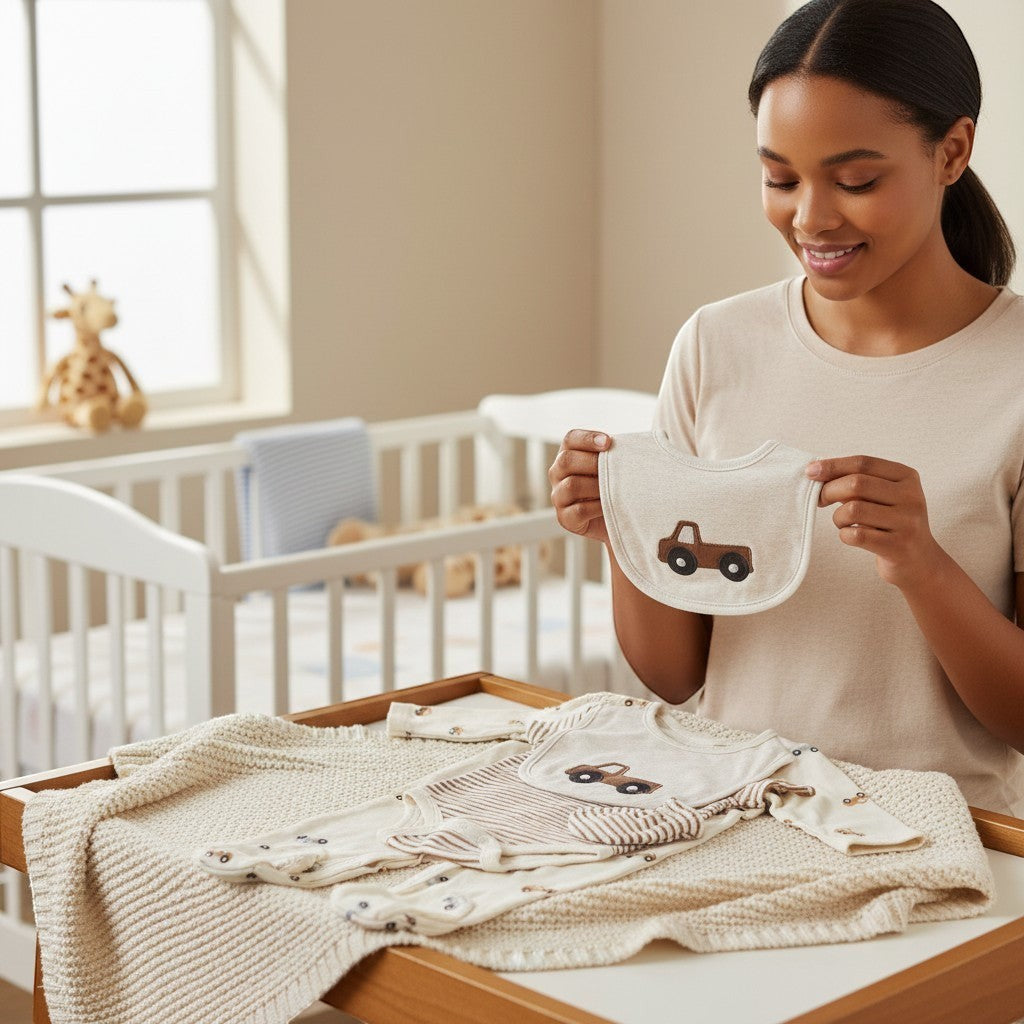 Stork And Baby 5 piece starter pack with Stone Truck design, 100% cotton interlock, soft and breathable for newborns.