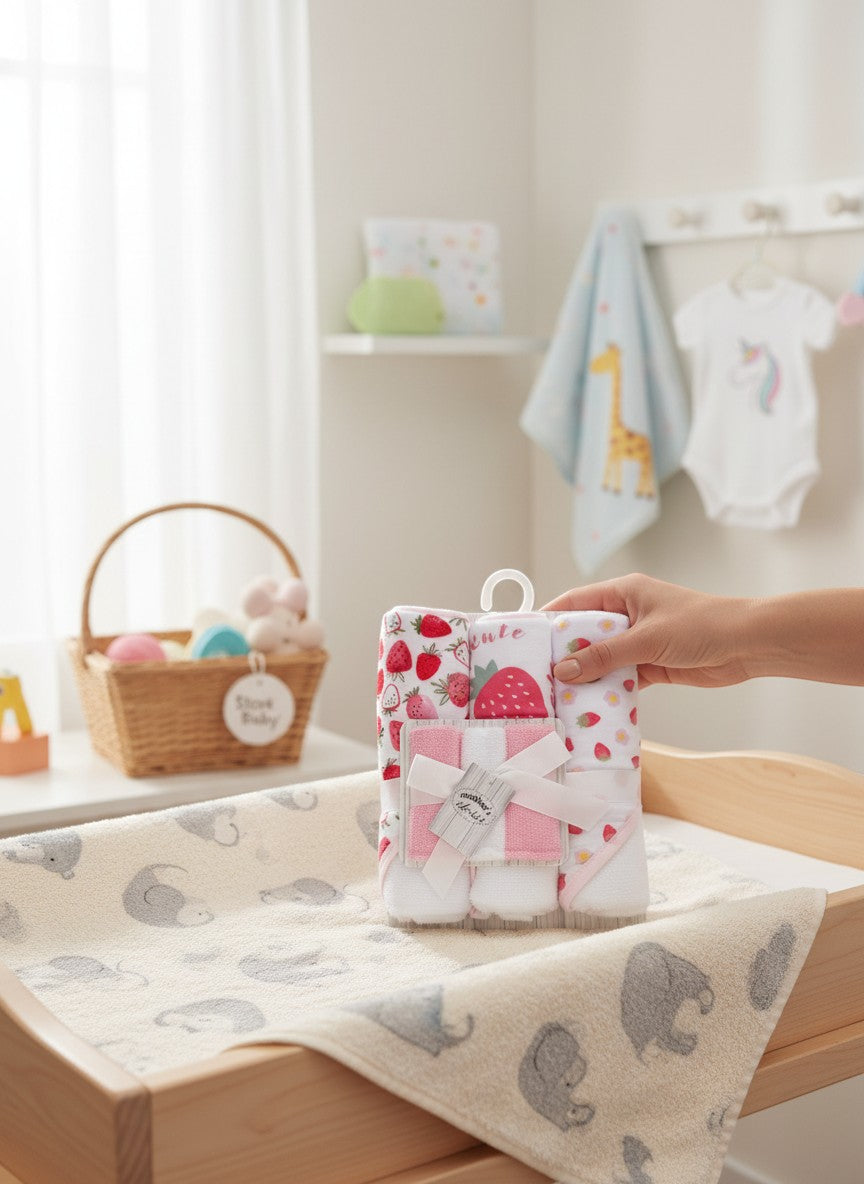 Stork And Baby 6-piece set of hooded towels and facecloths with a cute strawberry print. White cotton with red strawberries.