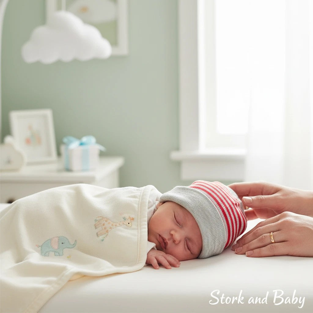 Stork and Baby striped knit baby hat with red and grey bands, worn by a sleeping infant.