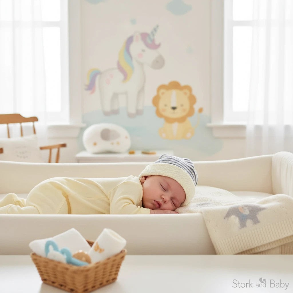 Stork And Baby striped knit baby hat in blue and white, worn by a sleeping baby.