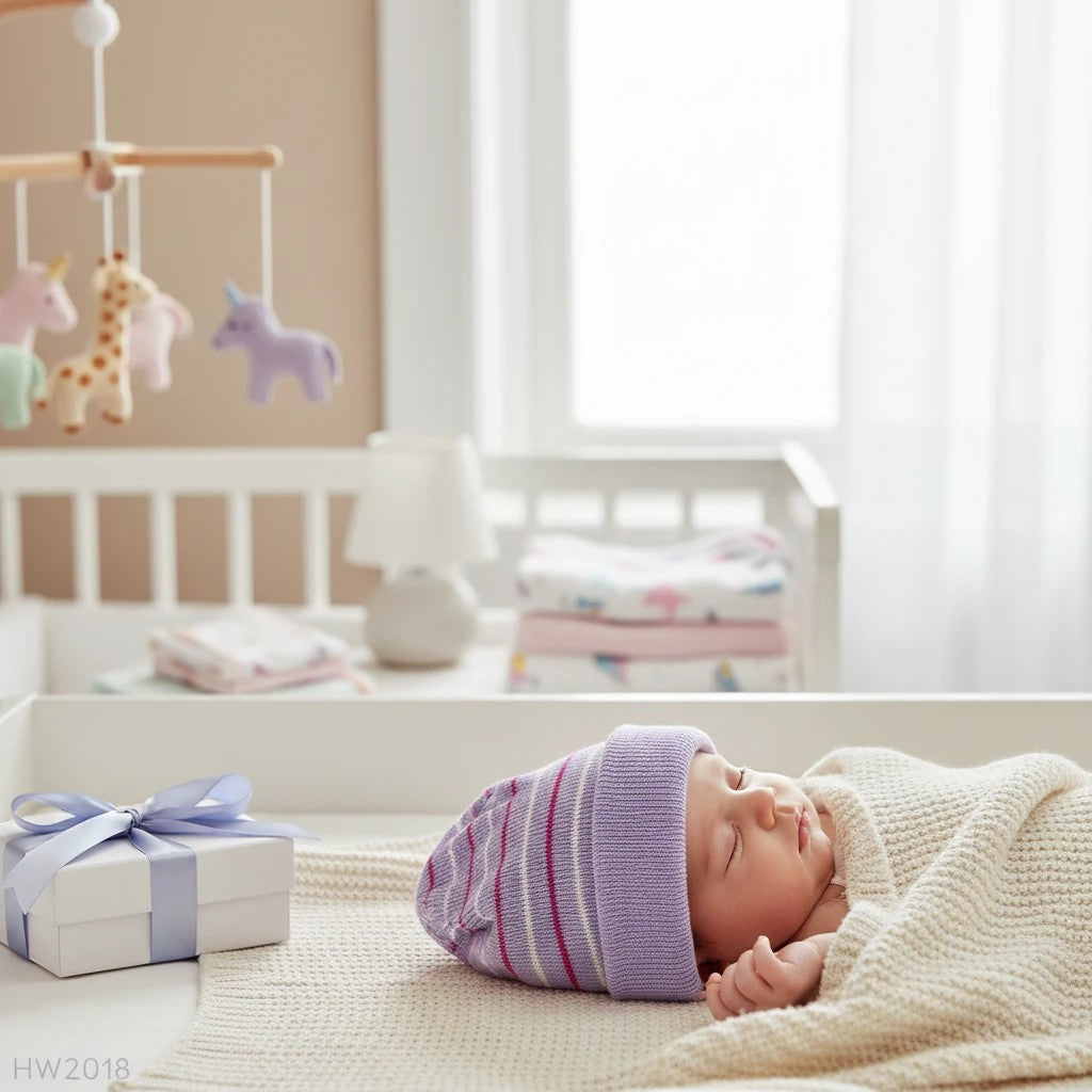 Stork And Baby purple and white striped knit baby hat with a soft comfortable fit for cold weather.