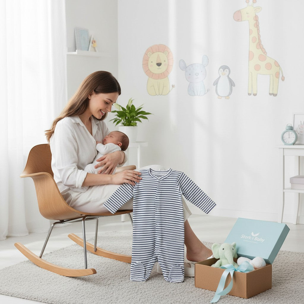 Stork And Baby blue and white striped babygrow with footies, perfect for baby boys. Soft cotton for comfort.
