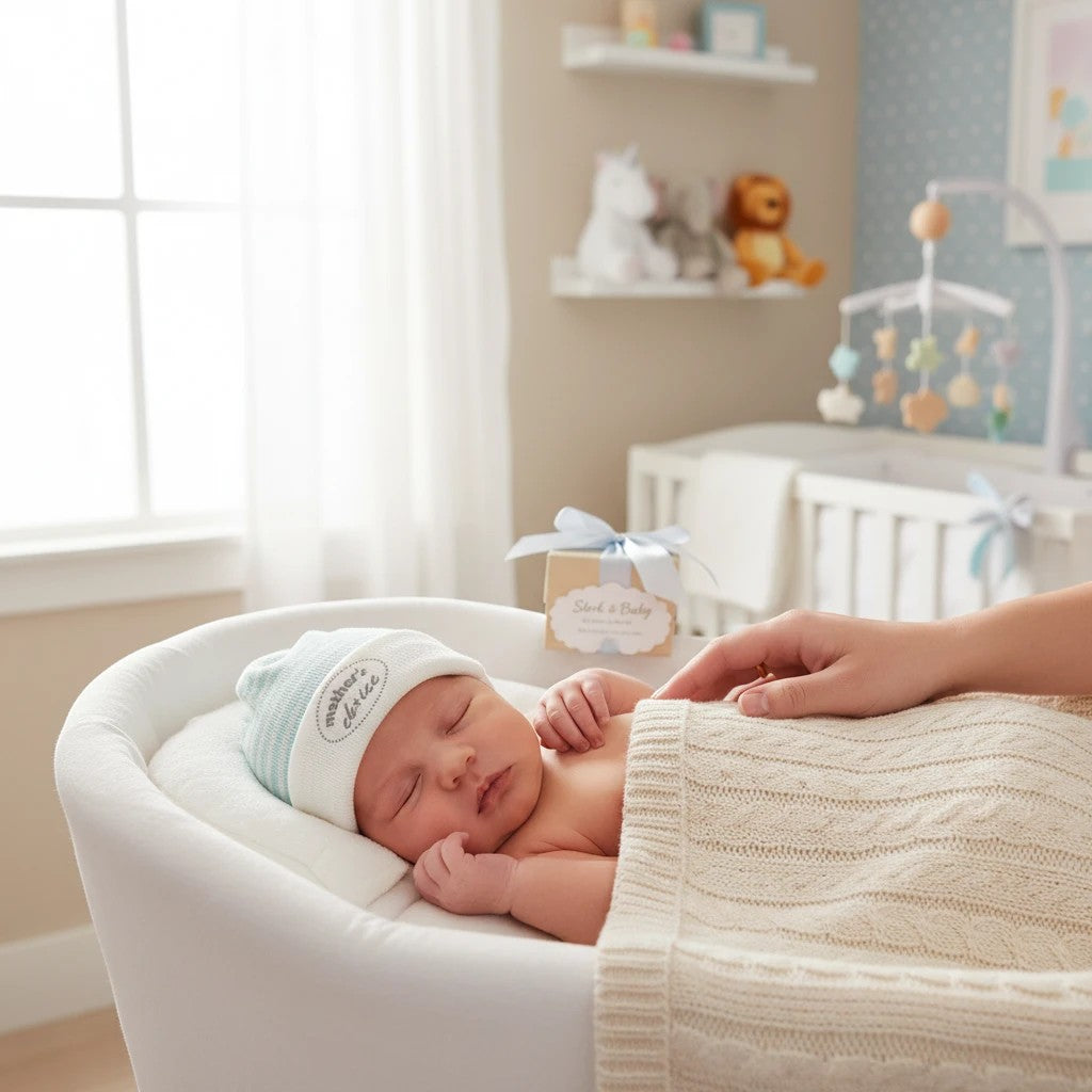Stork & Baby light blue and white striped infant winter hat with "mother's choice" embroidery.