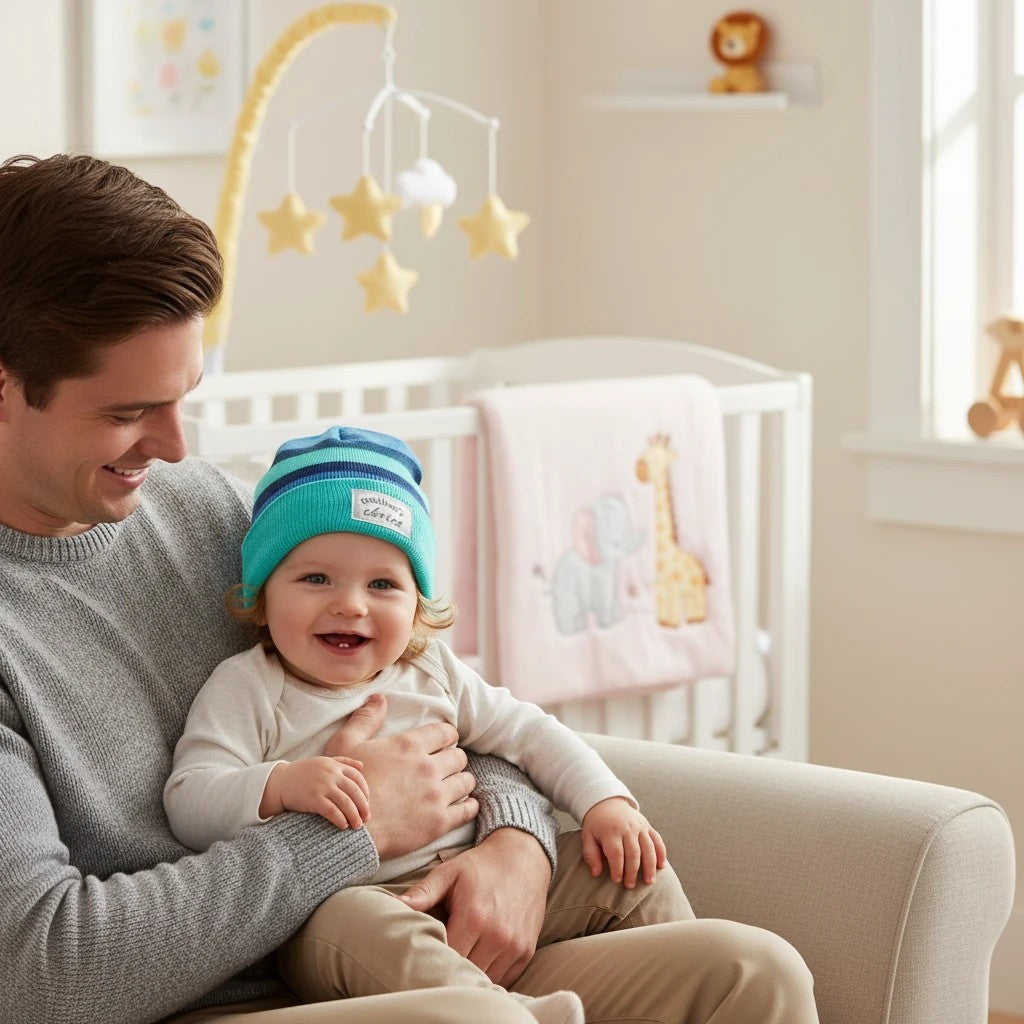 Stork And Baby striped knit winter hat in blue and teal for baby boys, featuring a soft, comfortable fit.