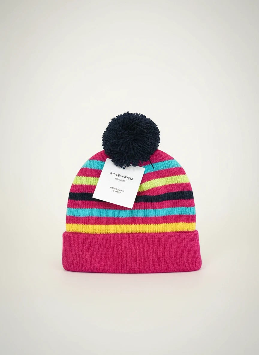 Stork And Baby striped knit winter hat with pom-pom. Pink, teal, yellow, and black stripes.