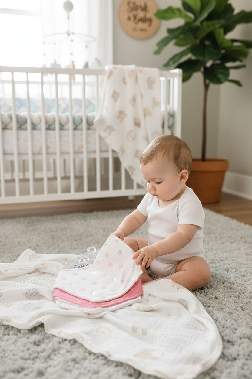 Stork And Baby 3 pack triangle bibs in pink and white with heart pattern, soft cotton for baby feeding and drool.