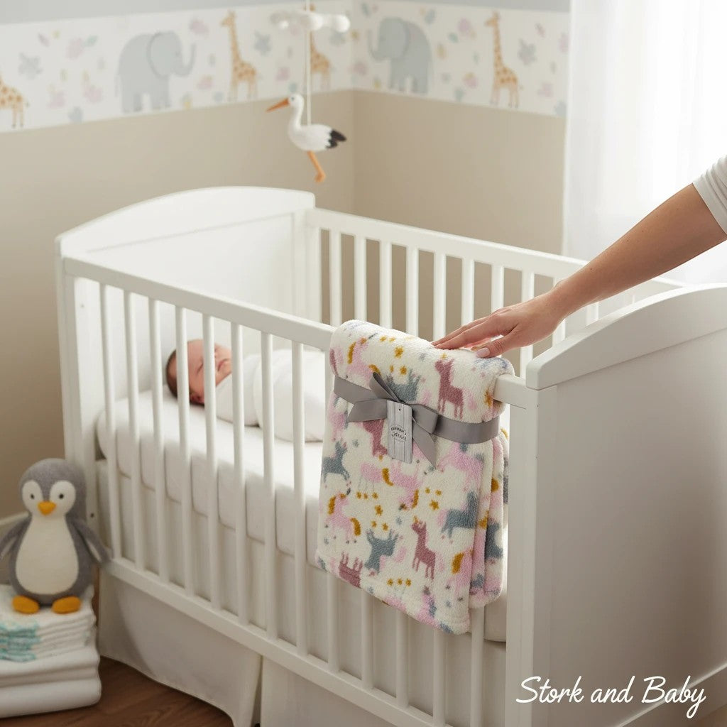 Stork and Baby white polyester baby blanket with pink, grey, and gold unicorn pattern, tied with a grey ribbon.