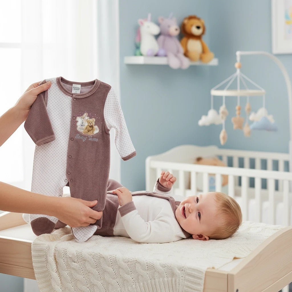 Stork And Baby brown and white velour baby grower with bear applique and polka dots. Cozy all-in-one design.