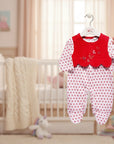 Stork And Baby white velour baby grower with red polka dots and a red scalloped bib with embroidered butterflies.