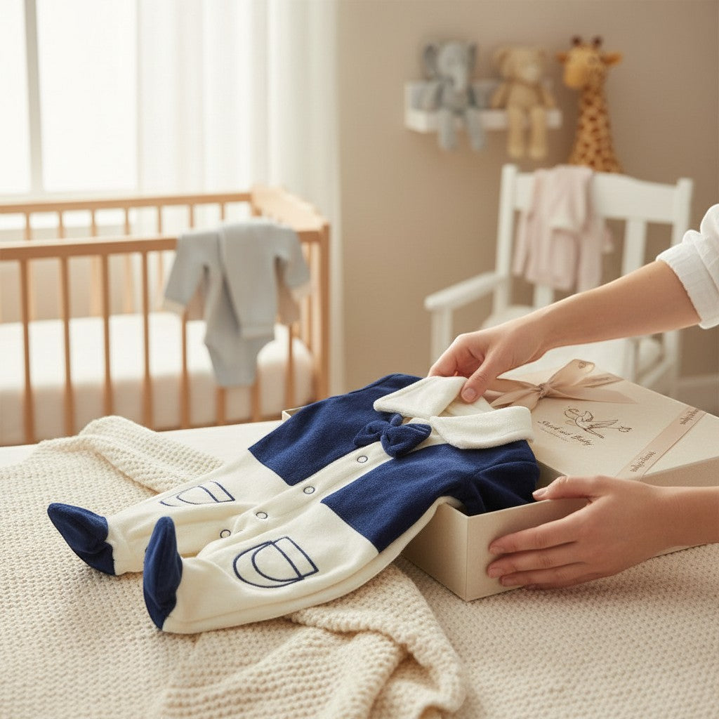Stork And Baby navy and cream velour baby growers with a bowtie detail and embroidered pocket.