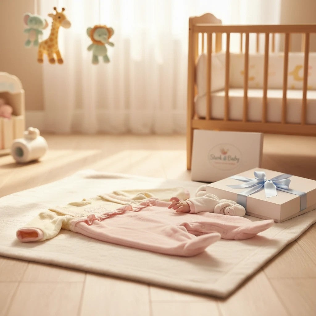 Stork And Baby beige and pink velour baby growers with pram detail. Soft, cozy, and perfect for naps.