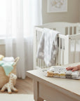 Stork And Baby 6 pack washcloths in stone and white with bear design. Soft, absorbent cotton for baby care.