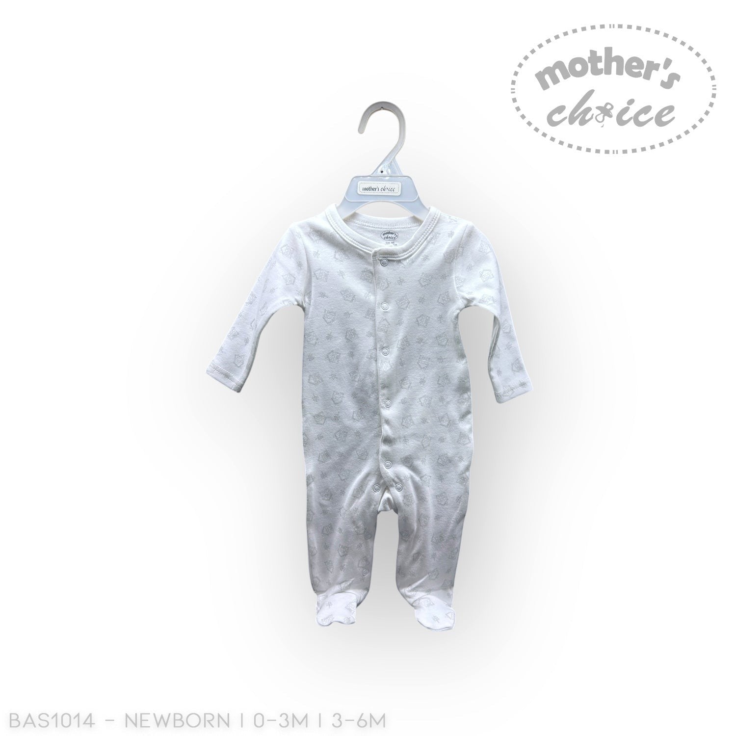 Stork And Baby white long-sleeve babygrow with all-over grey animal print and snap closures.