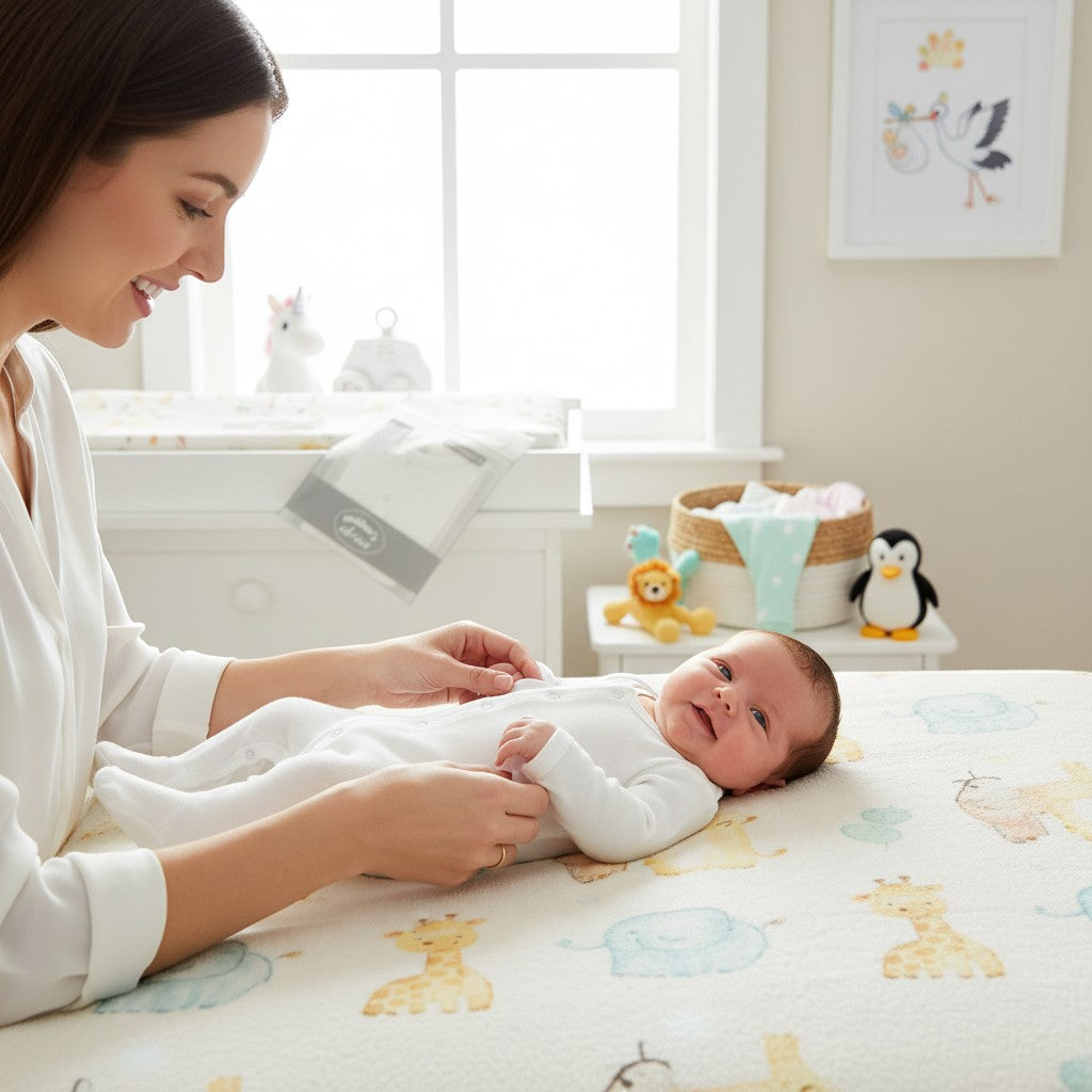 Stork And Baby white long-sleeve babygrow with snap closures, worn by a baby lying on a giraffe-print blanket.