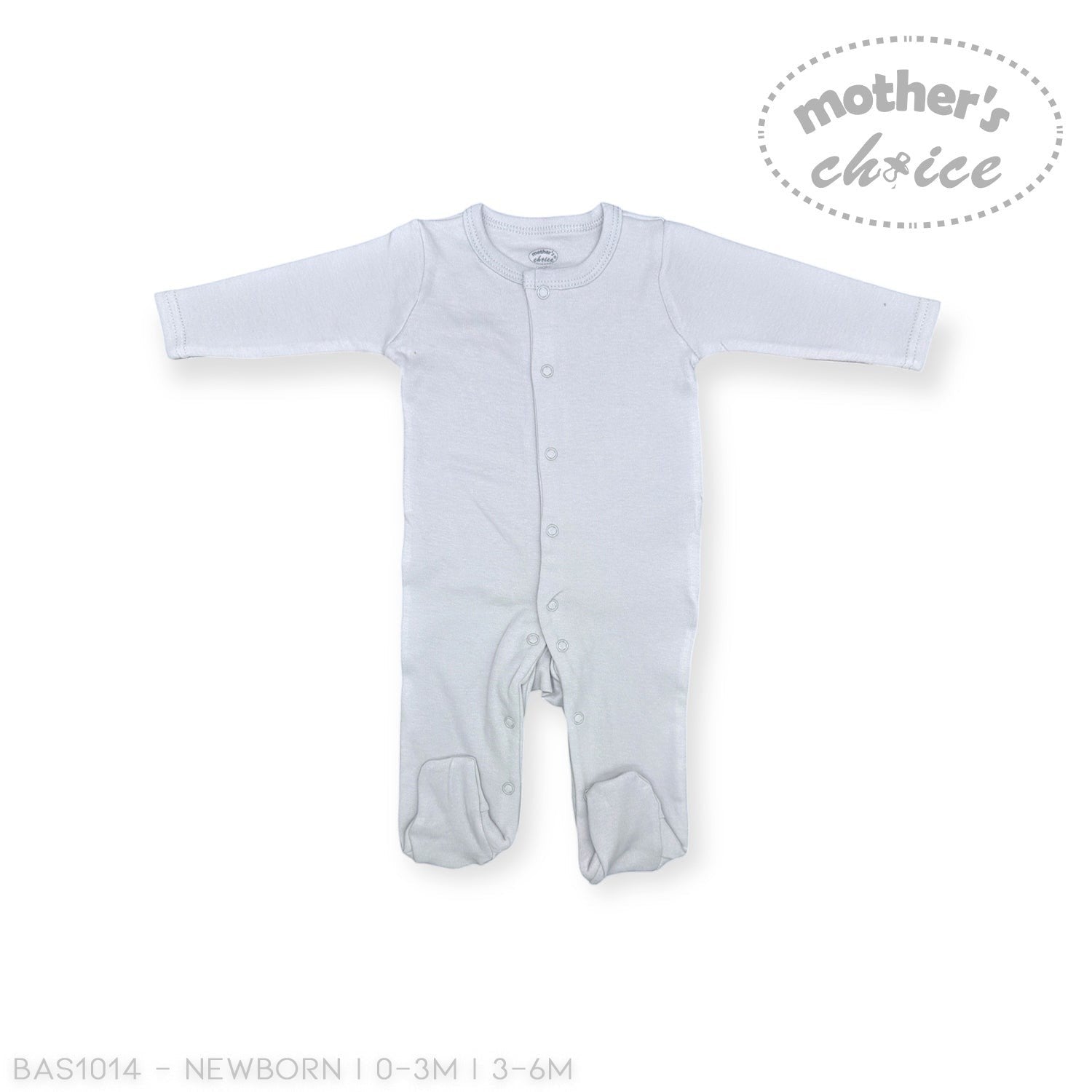 Stork And Baby white long-sleeve babygrow with snap closures and footies. Soft, breathable cotton for everyday comfort.