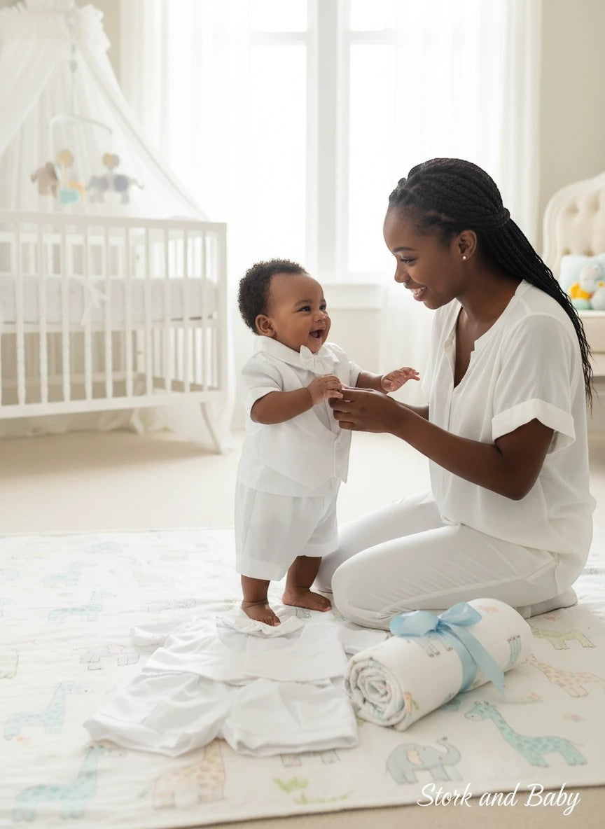 Stork And Baby white short-sleeve christening suit worn by a smiling baby boy with his mother in a nursery.