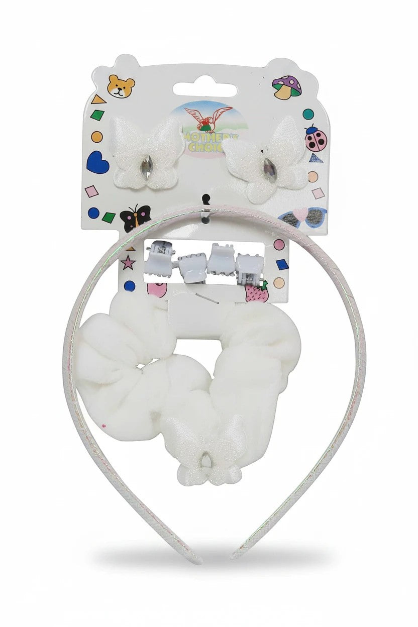 Stork And Baby Mothers Choice white butterfly hair accessory set with diamante detail, headband, scrunchie, and clips.