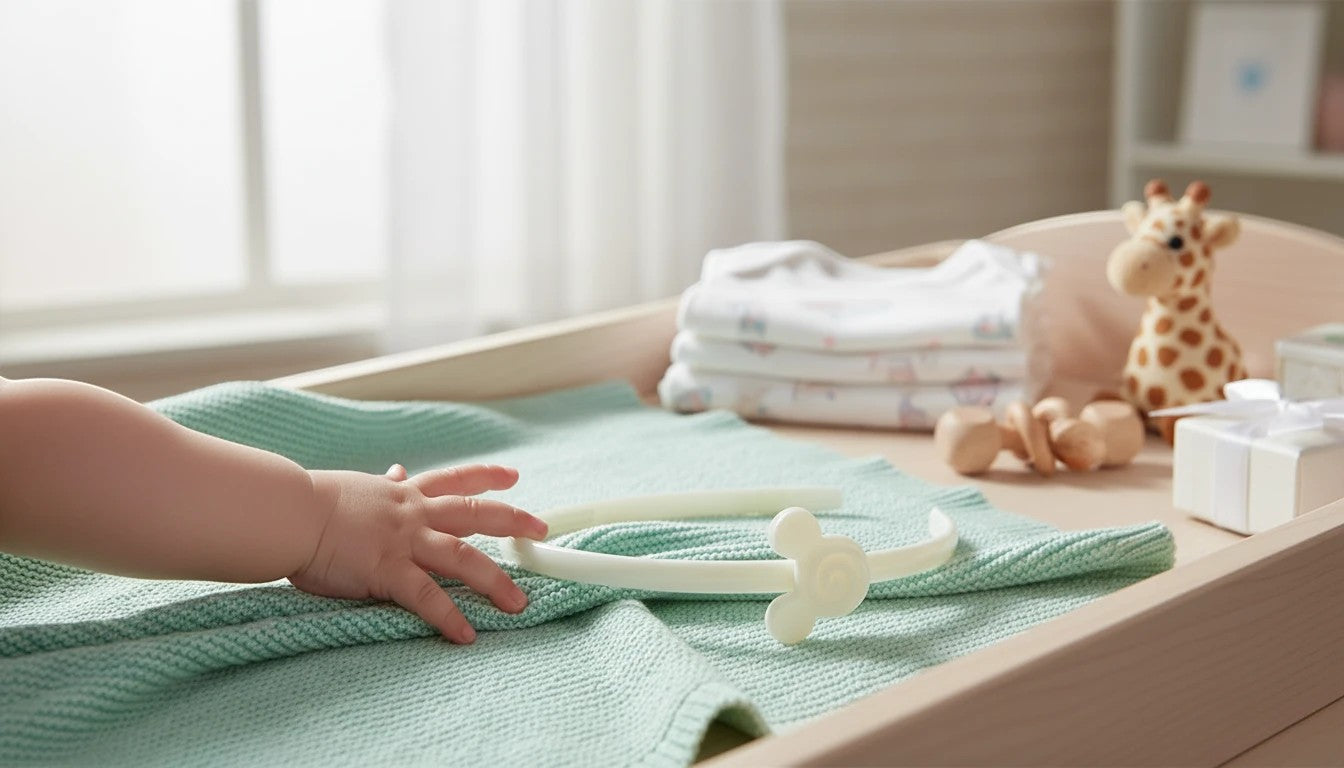 Stork And Baby Mothers Choice white girls alice band with cartoon character detail on a soft mint green baby blanket.
