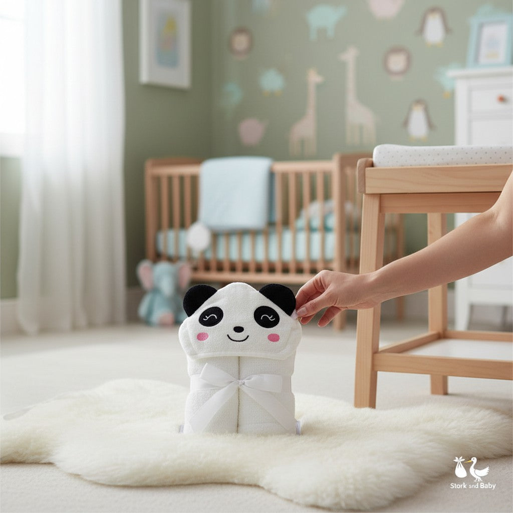Stork And Baby white 100% cotton baby towel with panda face and ears, tied with a white ribbon.