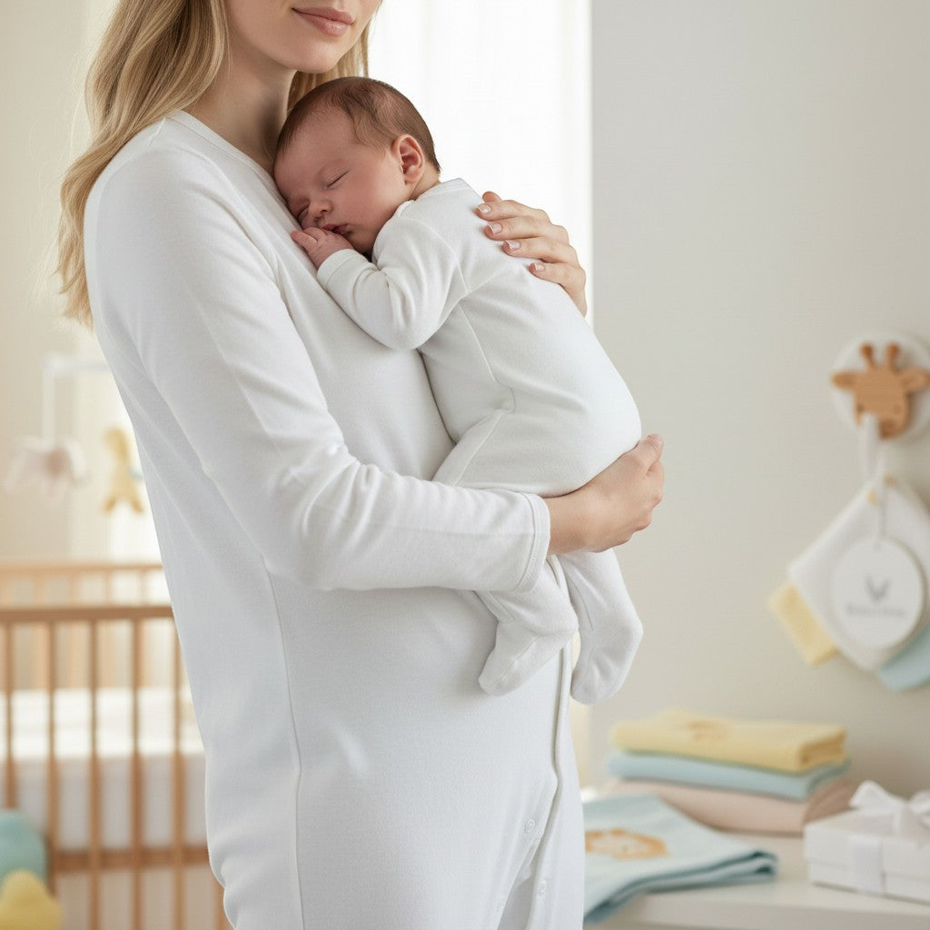 Stork And Baby white cotton babygrow with footies, held by a mother. Soft and breathable for newborns.
