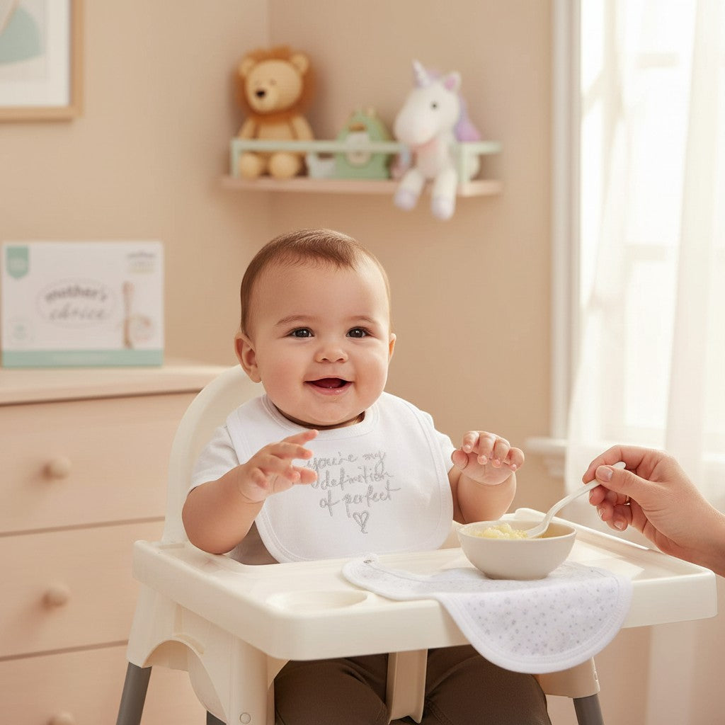 Stork And Baby white 100% cotton bib with 'You're My Definition Of Perfect' text and heart graphic.