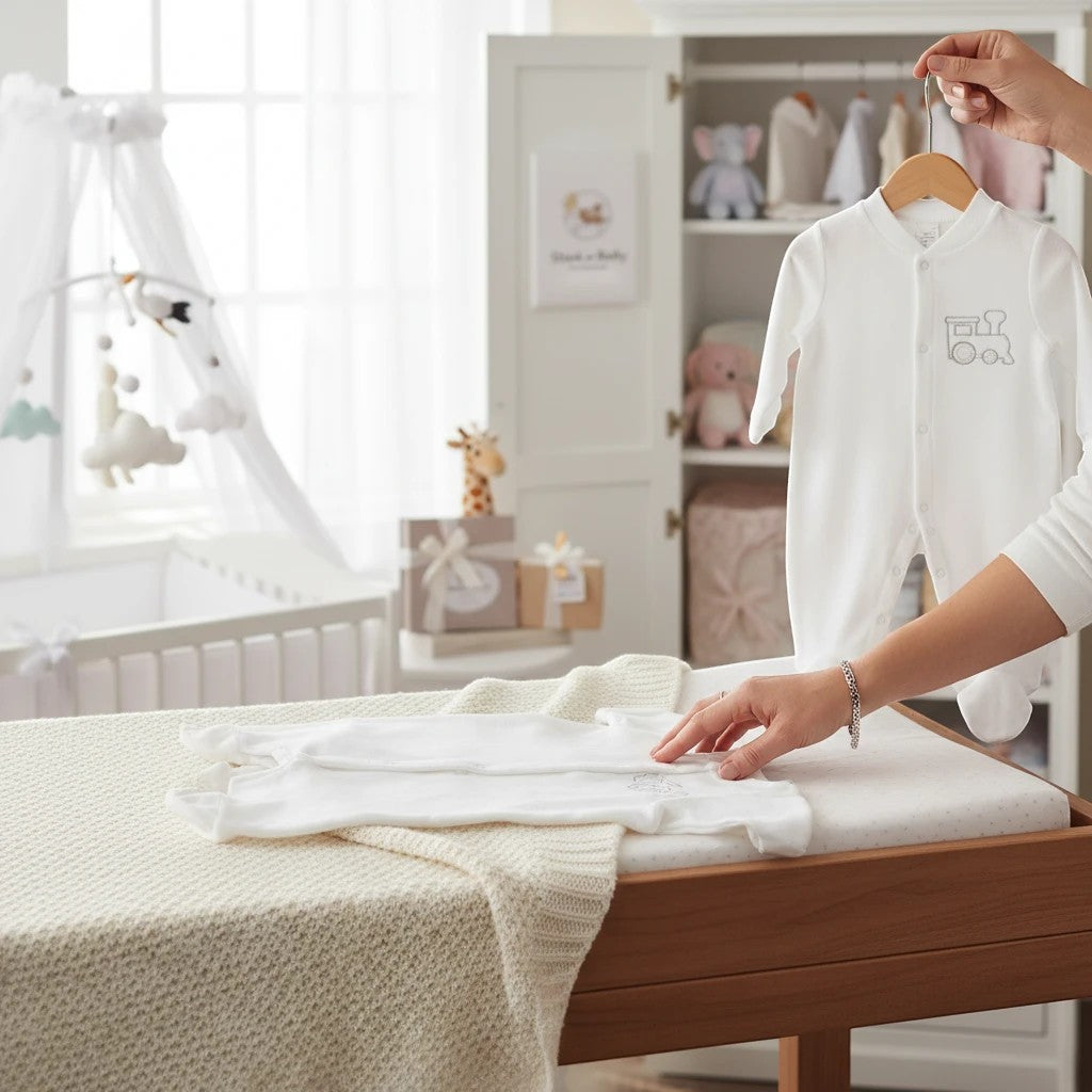 Stork And Baby white cotton baby grow with silver train embroidery, 6-9 months