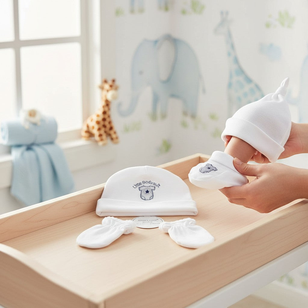 Stork And Baby white 100% cotton 3-piece infant set with embroidered bear and star detail on hat and booties.