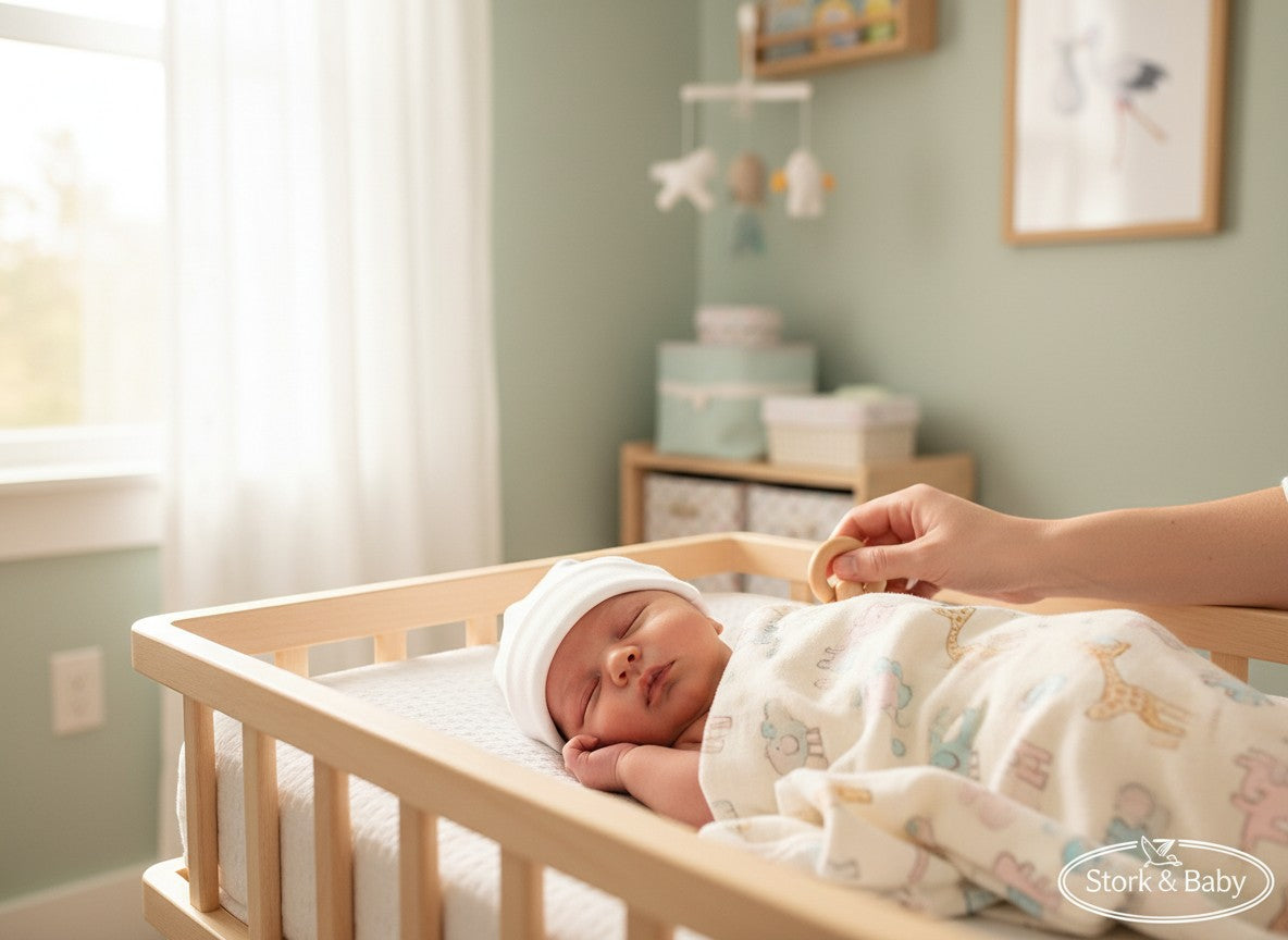 Stork And Baby white 100% cotton beanie on a sleeping infant in a crib. Soft and breathable.