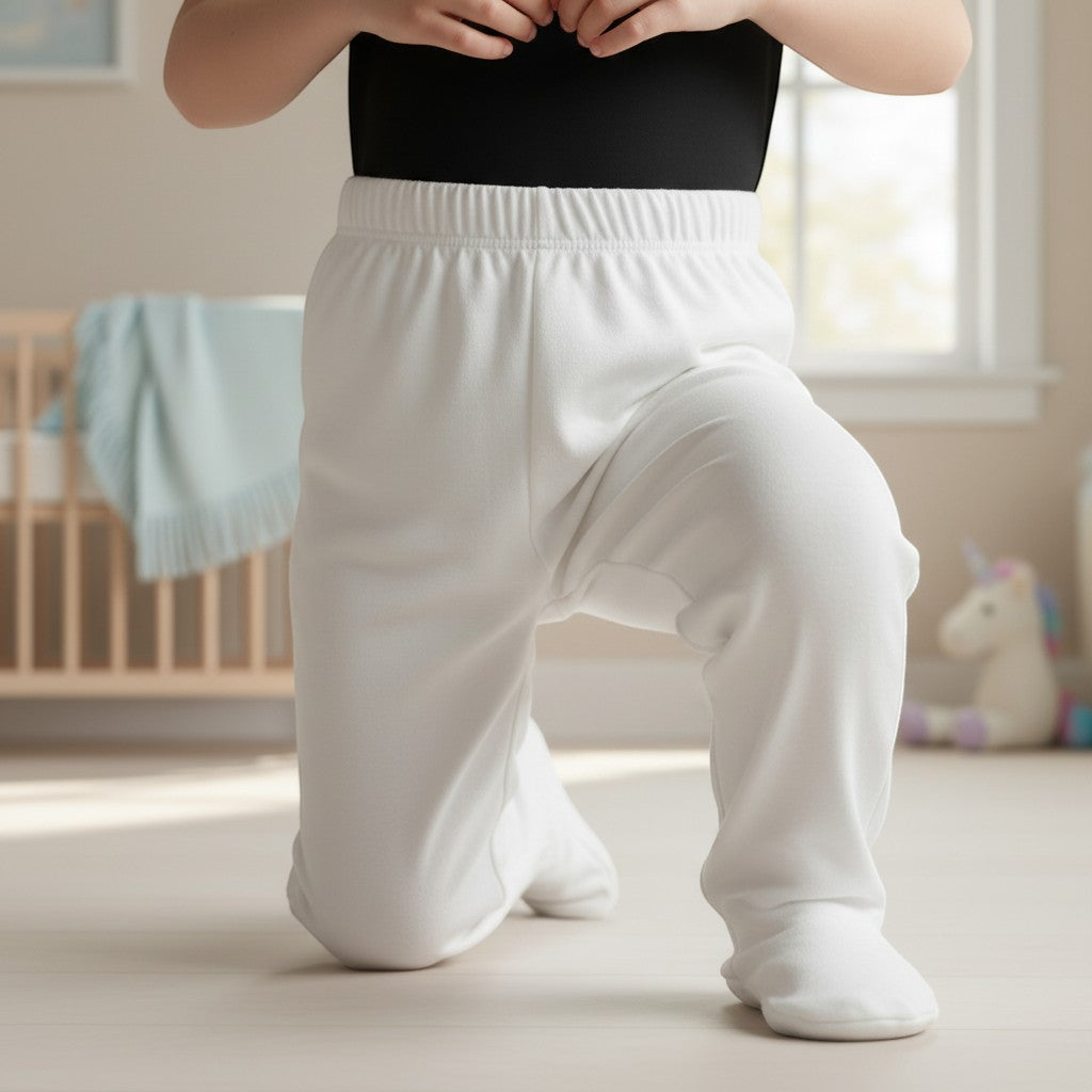 Stork And Baby white 100% cotton baby leggings with a comfortable stretchy fit, perfect for play and sleep.